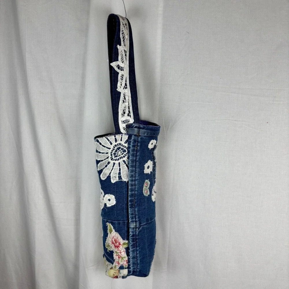 Handmade Denim Wine Tote Bag Floral Patchwork White Lace Embellished‎